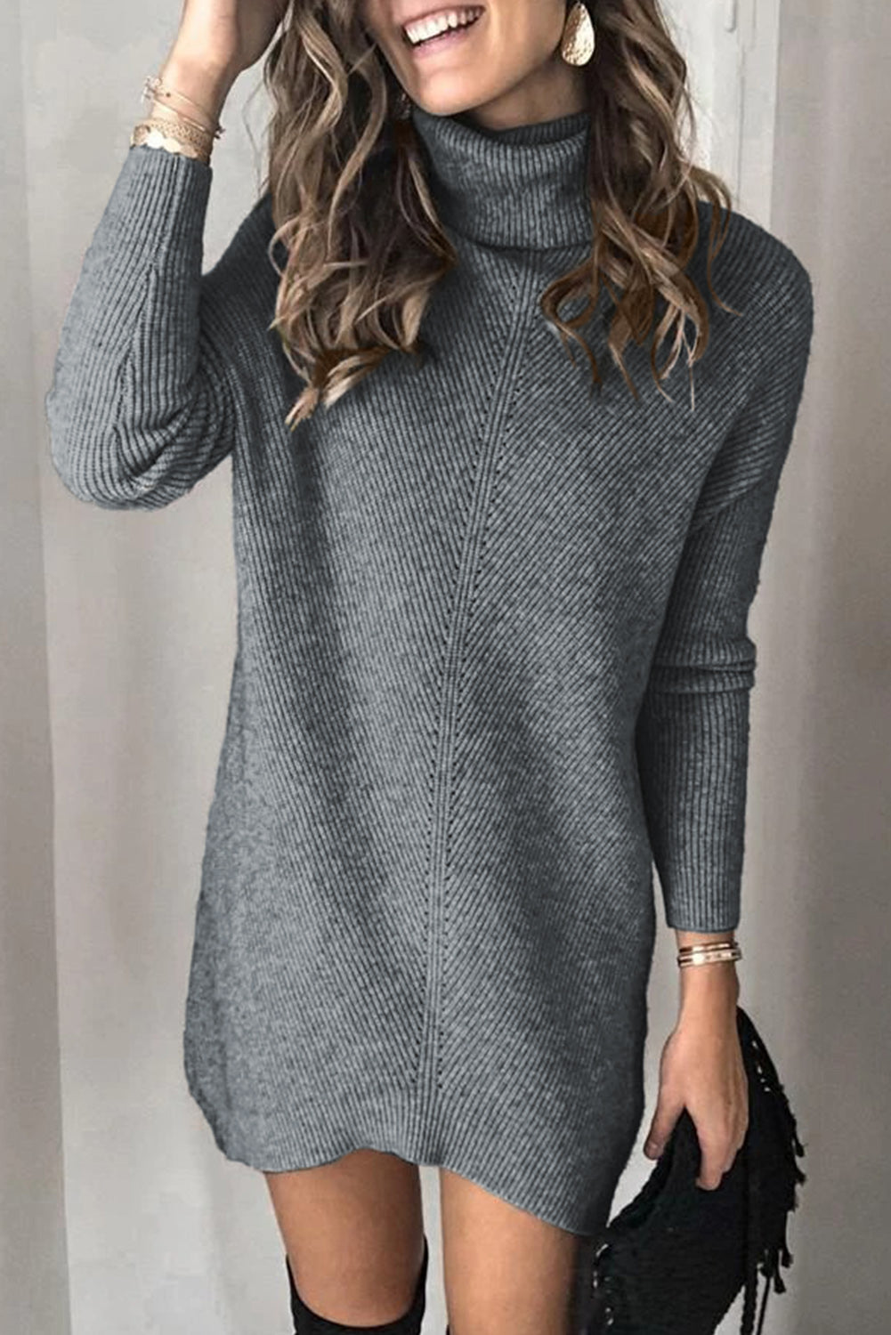 Brown Turtleneck Long Sleeve Knitted Sweater Dress