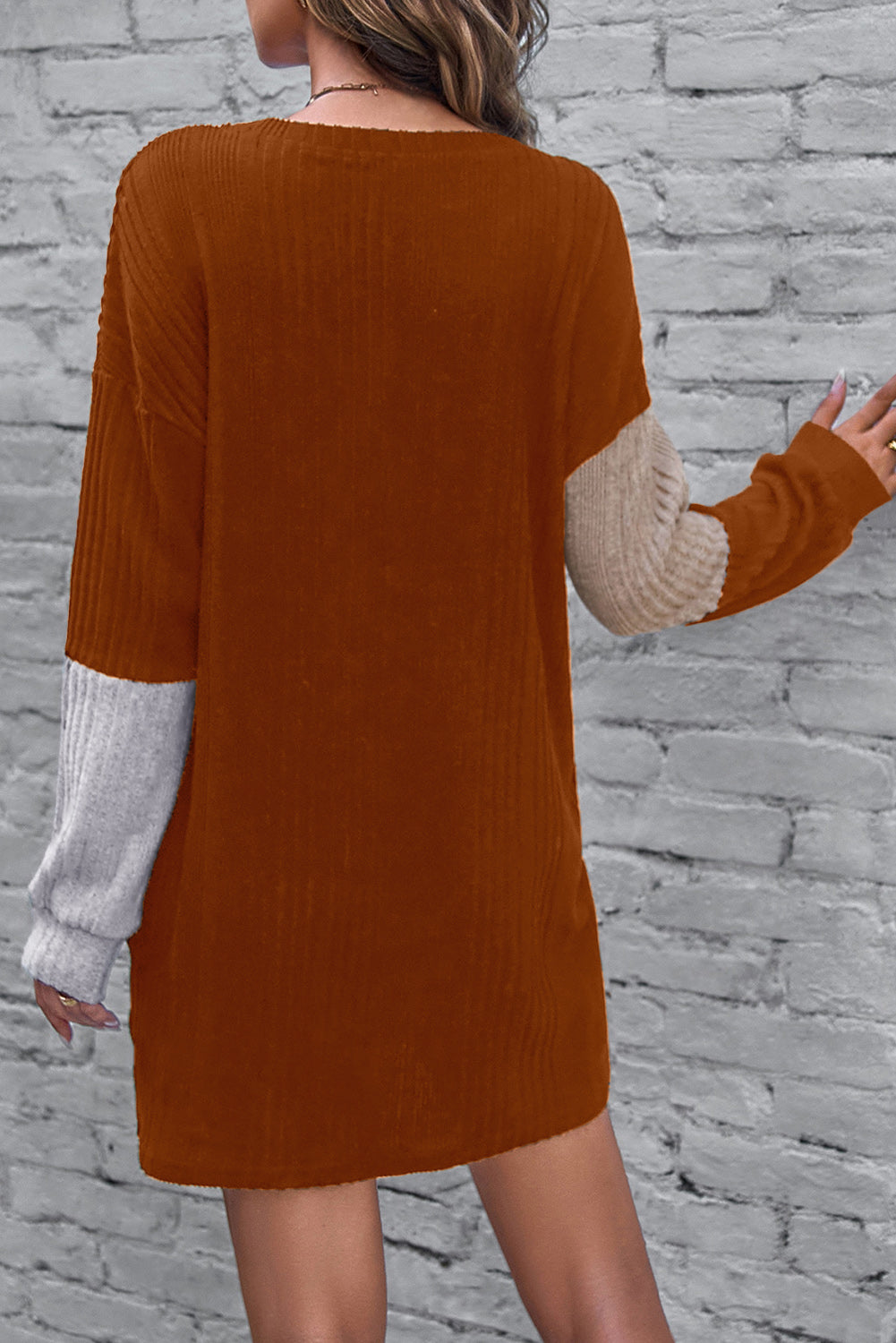 Chestnut Ribbed Color Block Drop Shoulder Long Sleeve Mini Dress