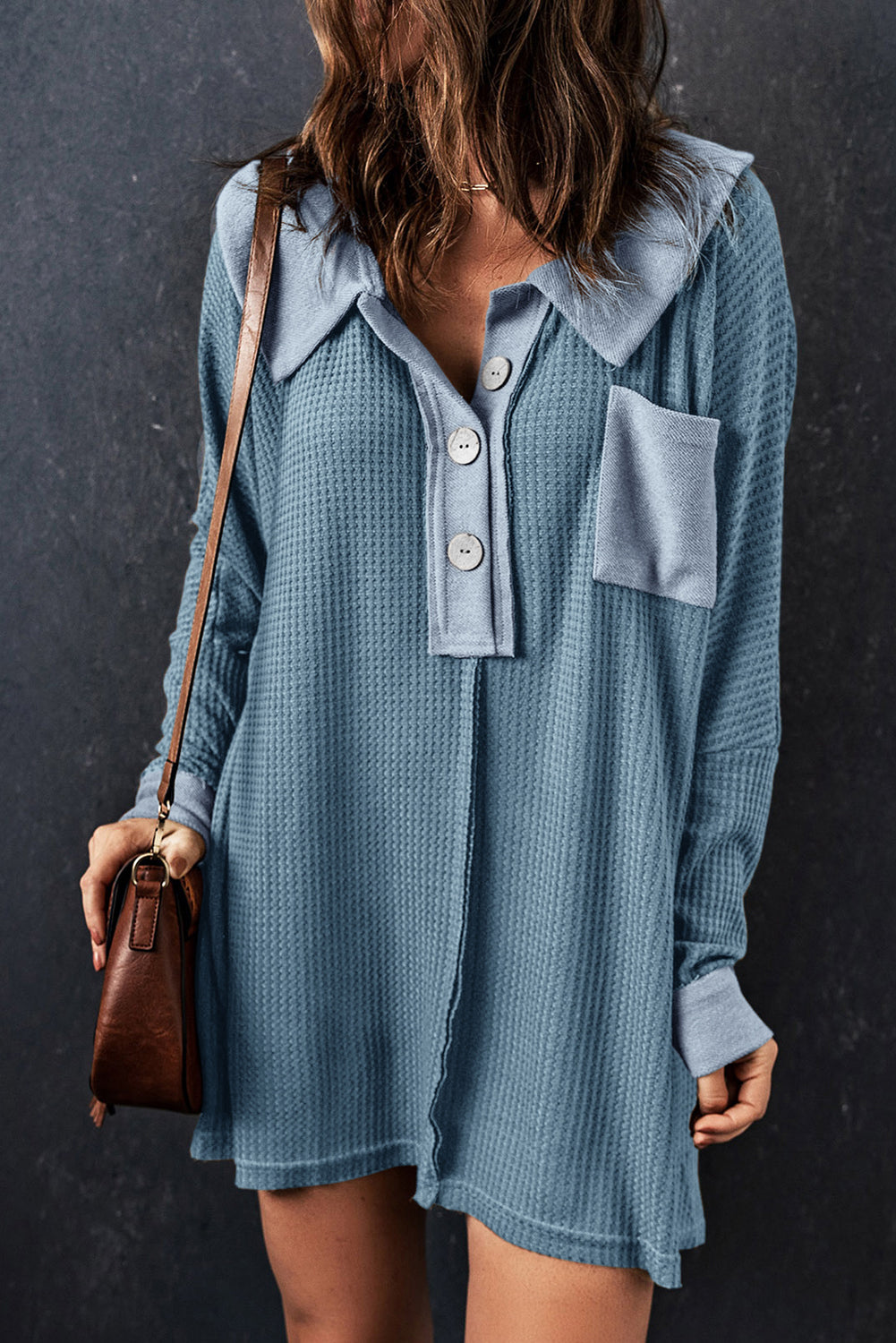 Black Waffle Knit Buttoned Long Sleeve Top