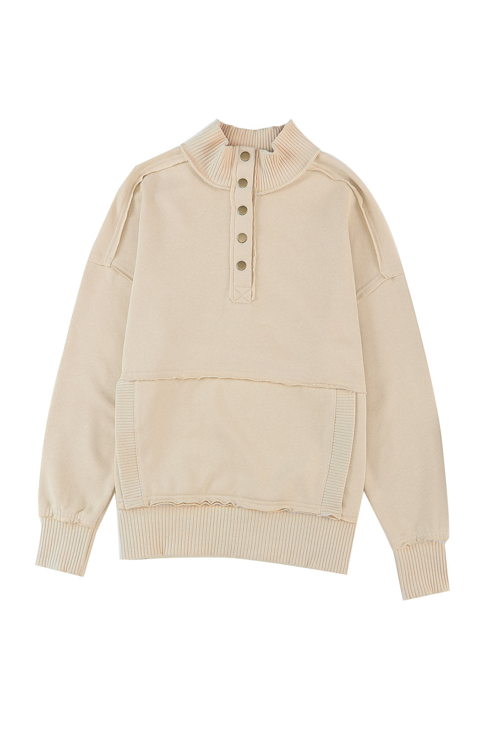 Gray Ribbed Hem Snap Button Neckline Sweatshirt with Pocket