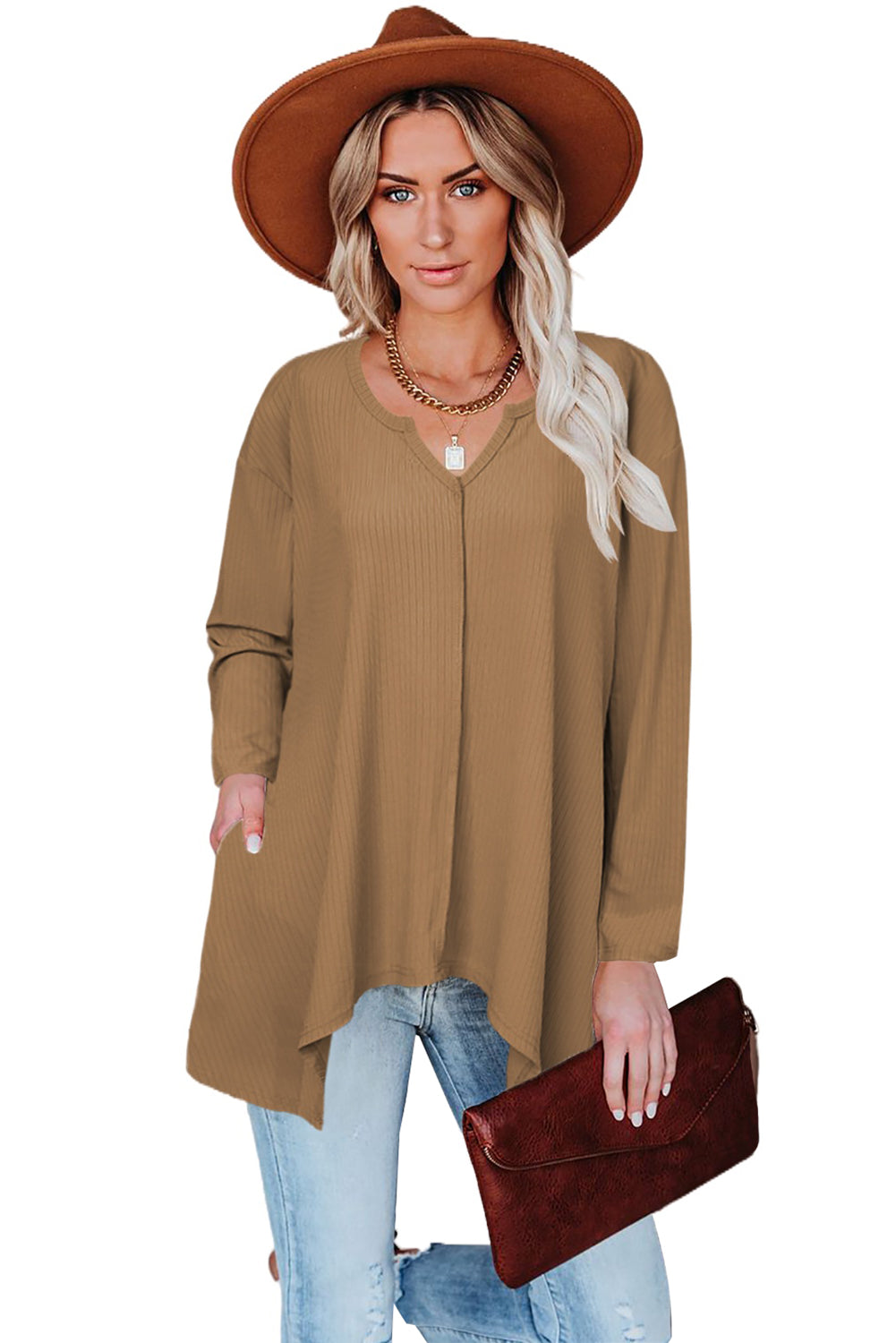 Brown Asymmetric Hemline Long Sleeve Top