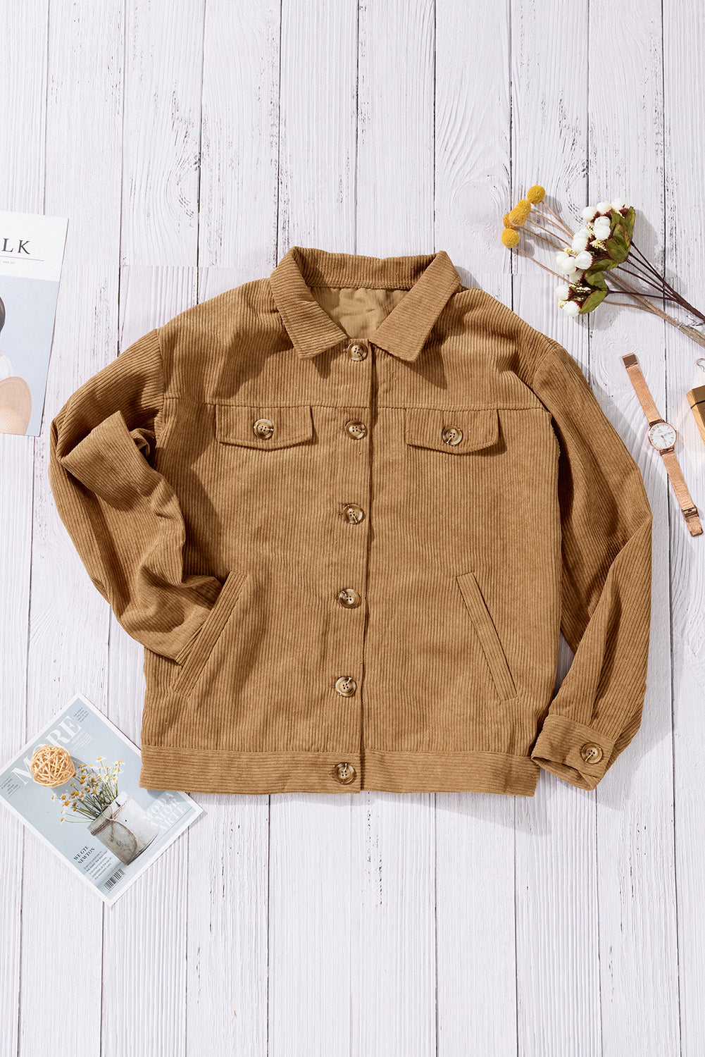 Khaki Ribbed Corduroy Long Sleeve Jacket with Pocket