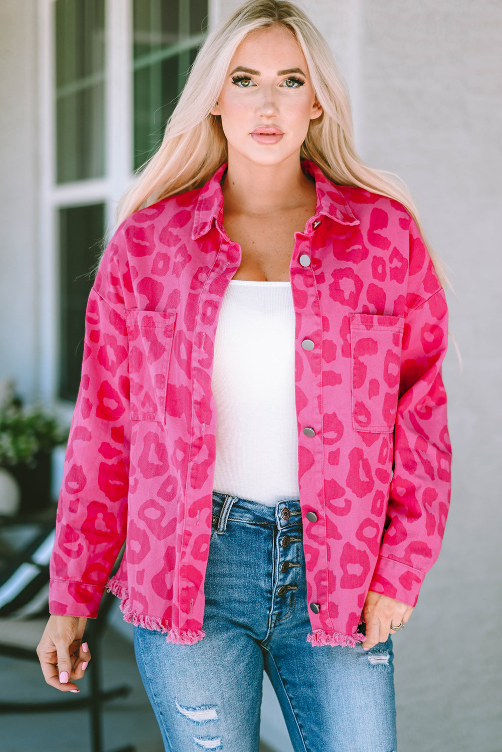 Leopard Print Button Cuffs Raw Hem Jacket