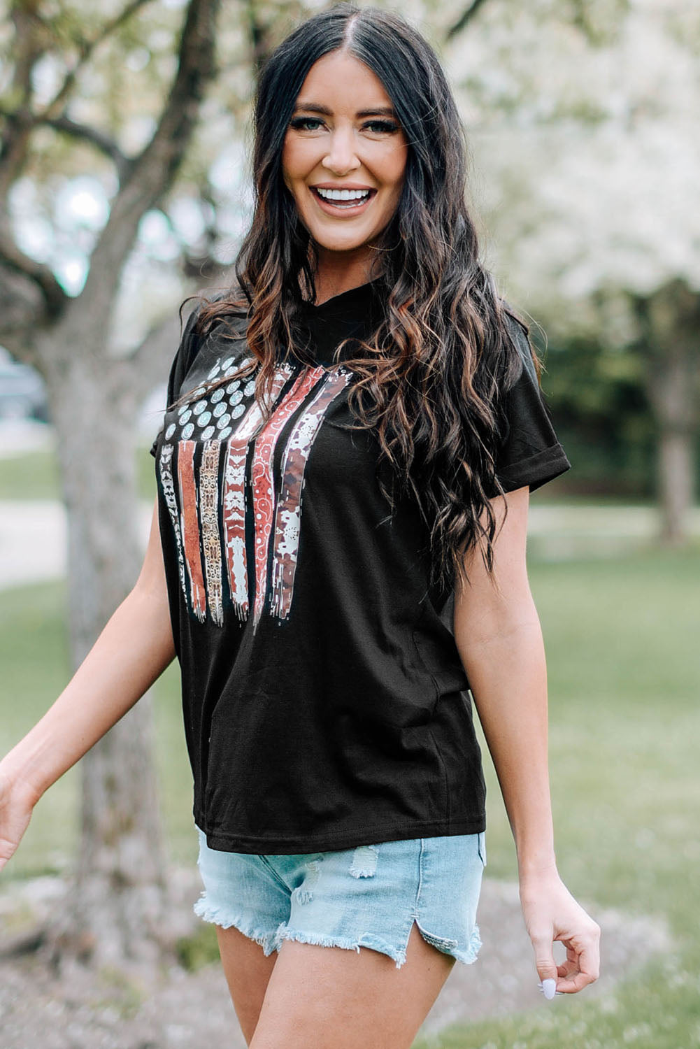 Western American Flag Print Short Sleeve Graphic Tee
