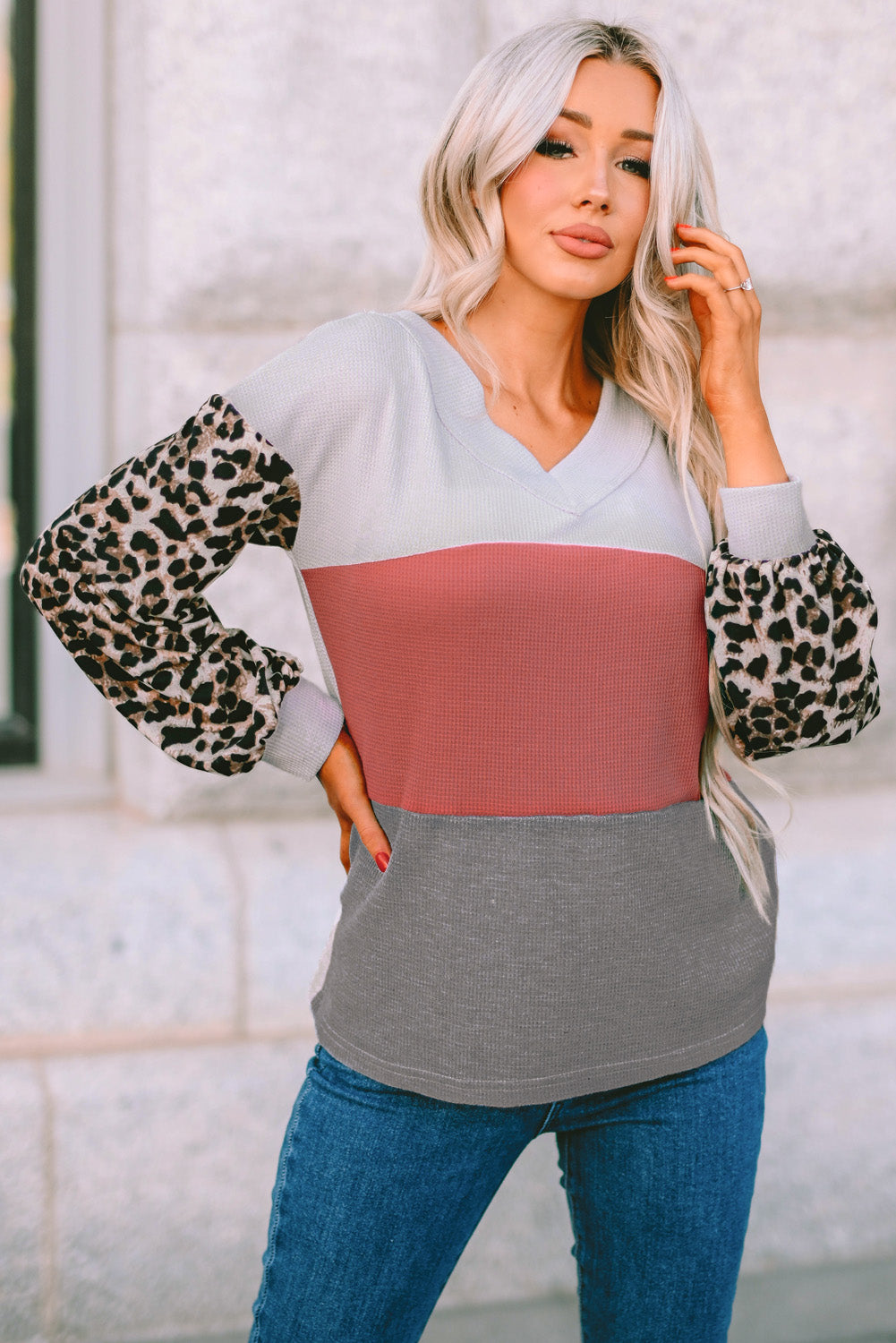 Apricot Wild Leopard Contrast Sleeve Colorblock Waffle Knit Top