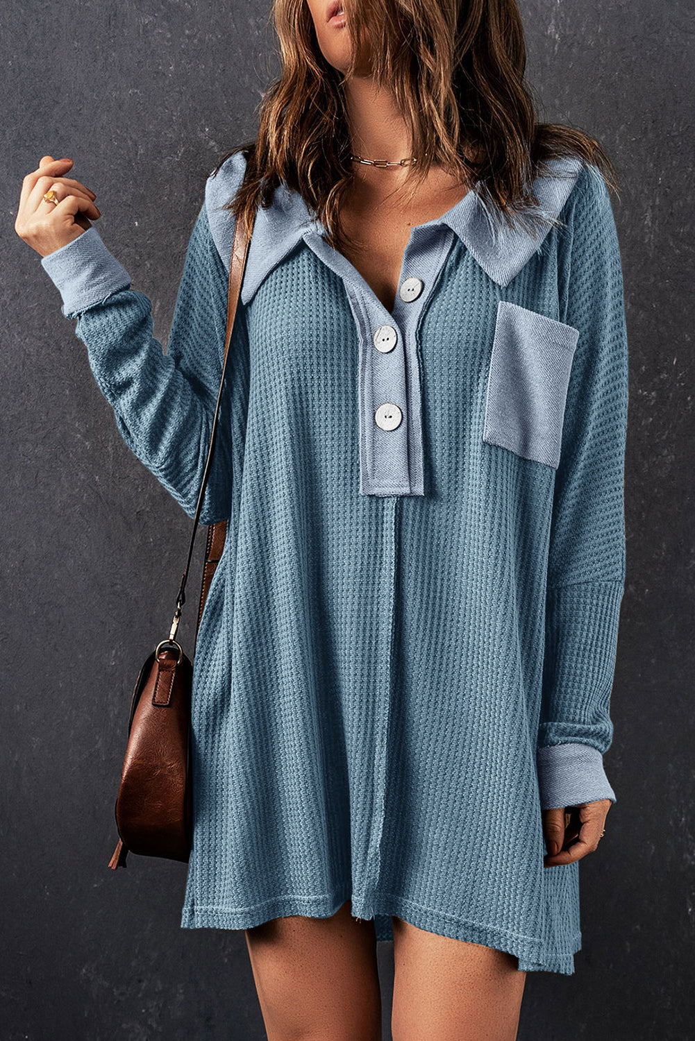 Black Waffle Knit Buttoned Long Sleeve Top