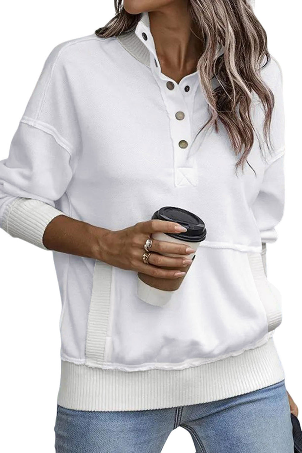Gray Ribbed Hem Snap Button Neckline Sweatshirt with Pocket