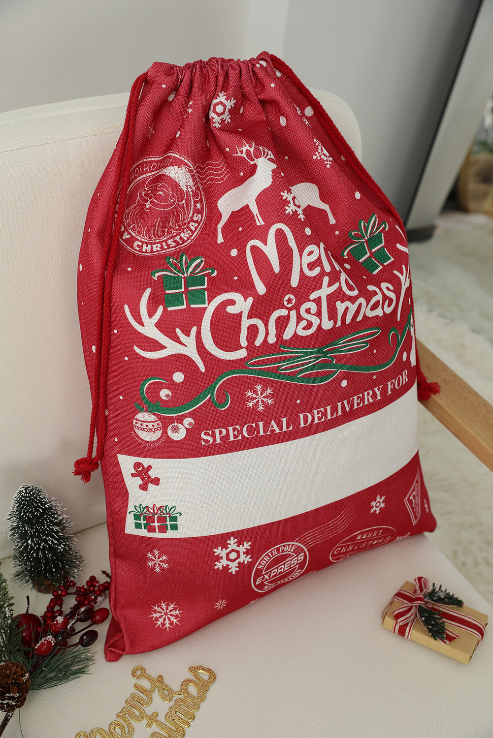 Fiery Red Christmas Drawstring Large Gift Bag