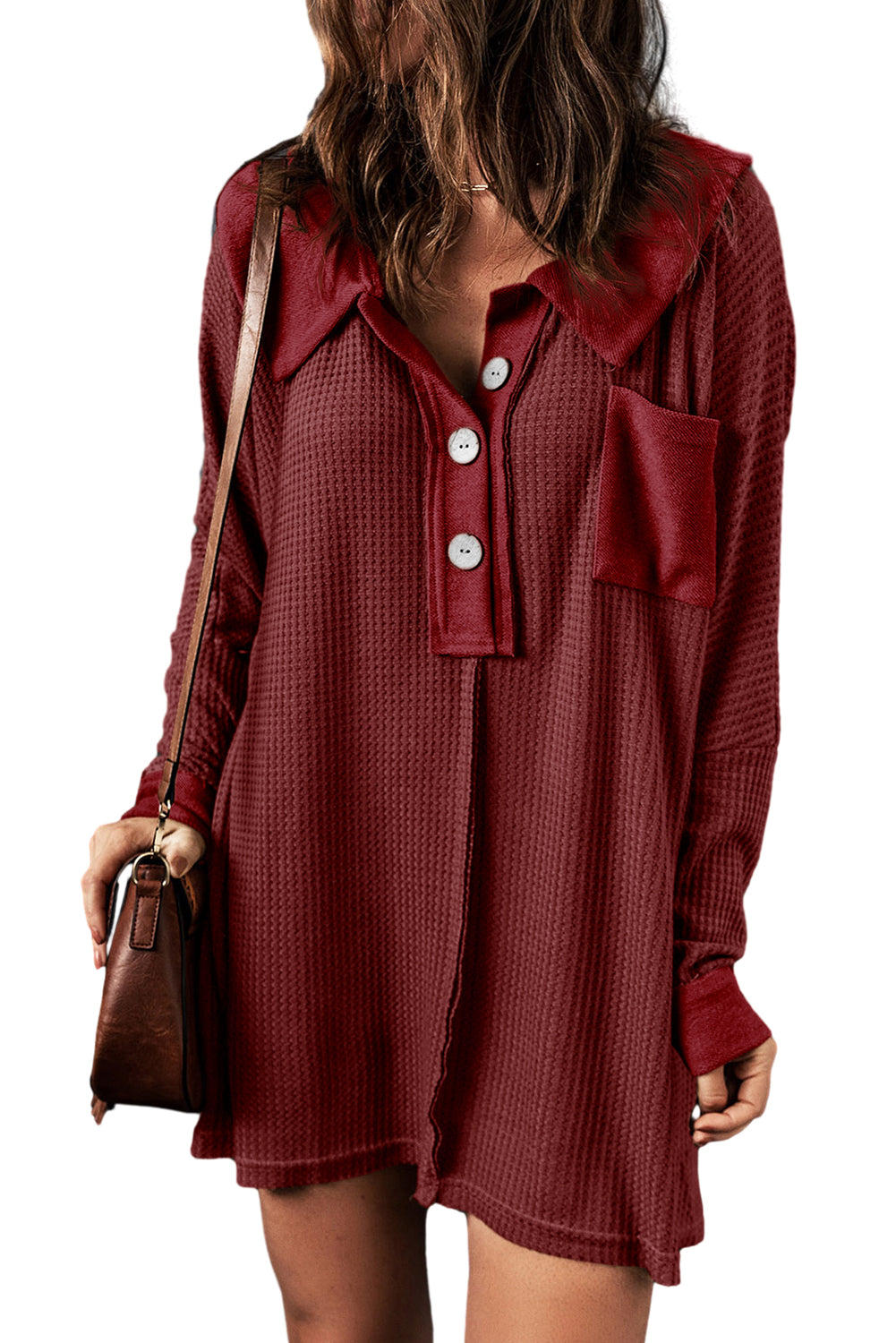 Black Waffle Knit Buttoned Long Sleeve Top