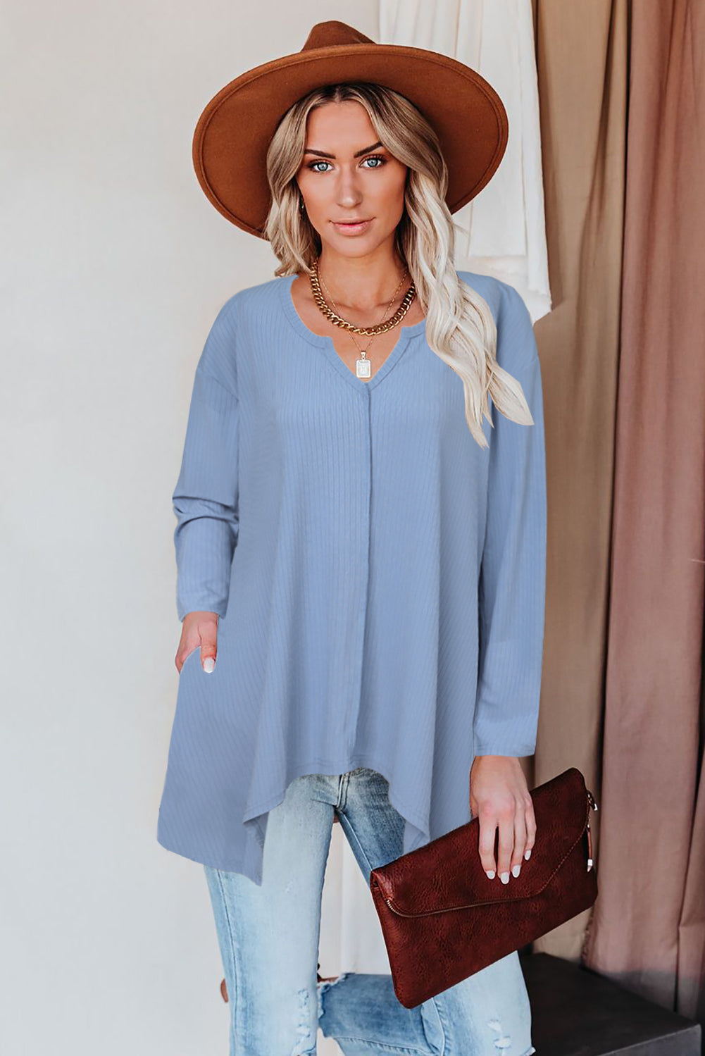 Brown Asymmetric Hemline Long Sleeve Top