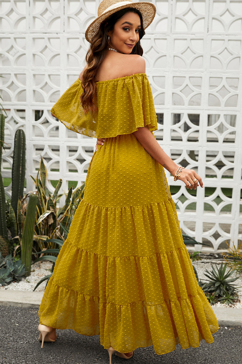 Sky Blue Yellow Yellow Off Shoulder Ruffle Swiss Dot Maxi Dress