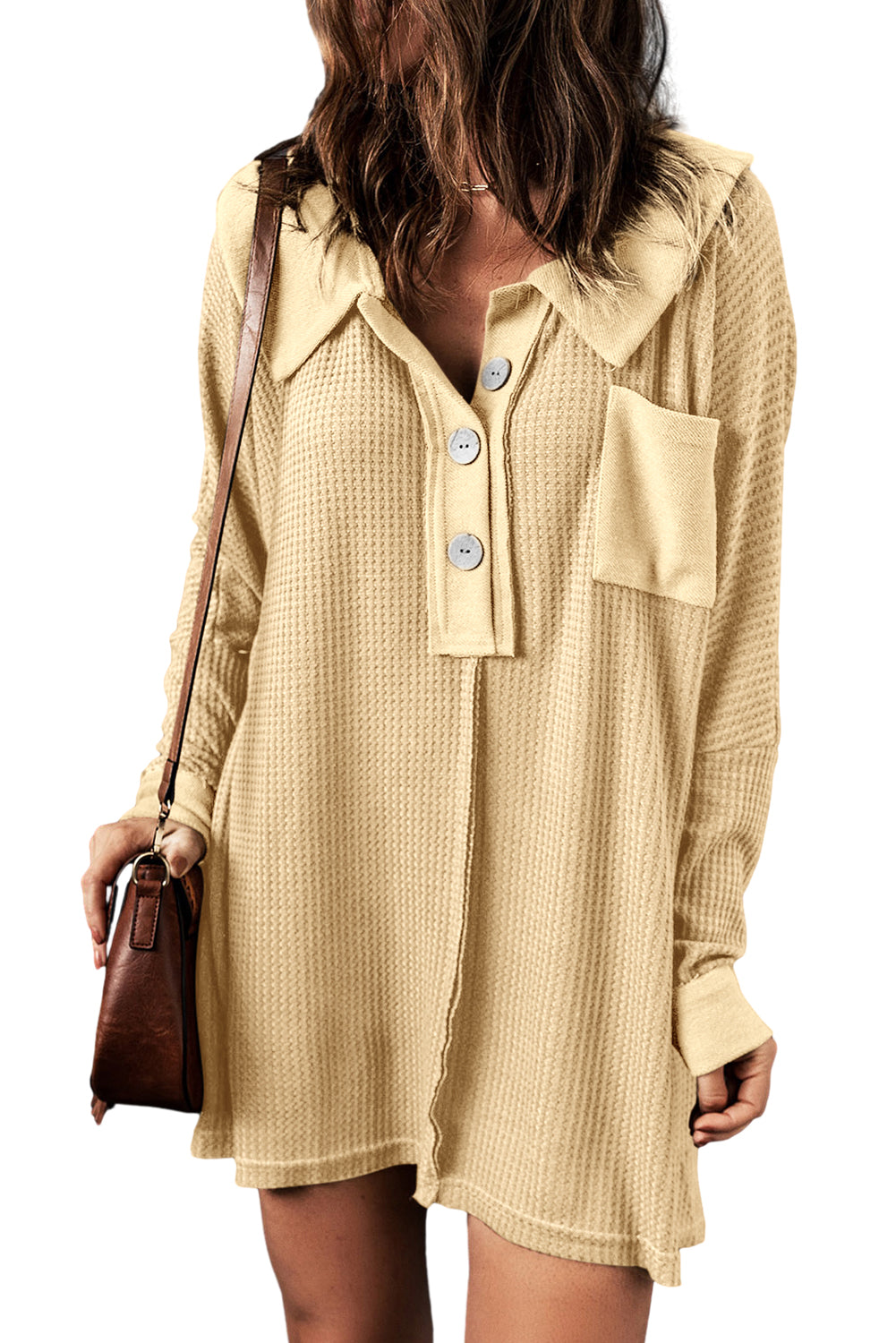 Black Waffle Knit Buttoned Long Sleeve Top
