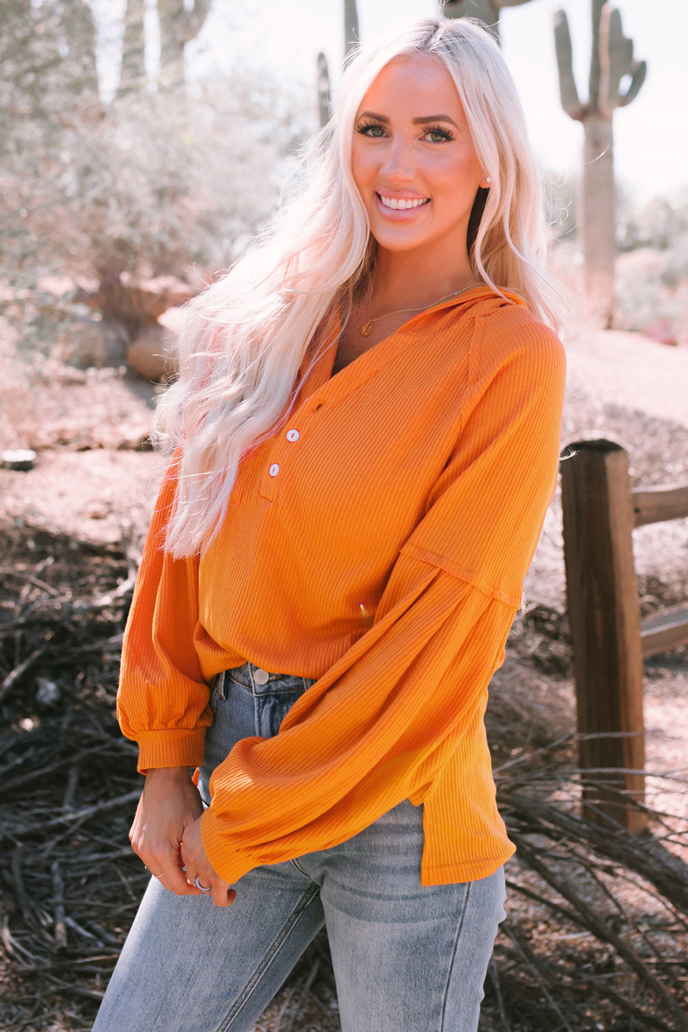 Gray Buttoned V Neck Drop Shoulder Waffle Knit Top