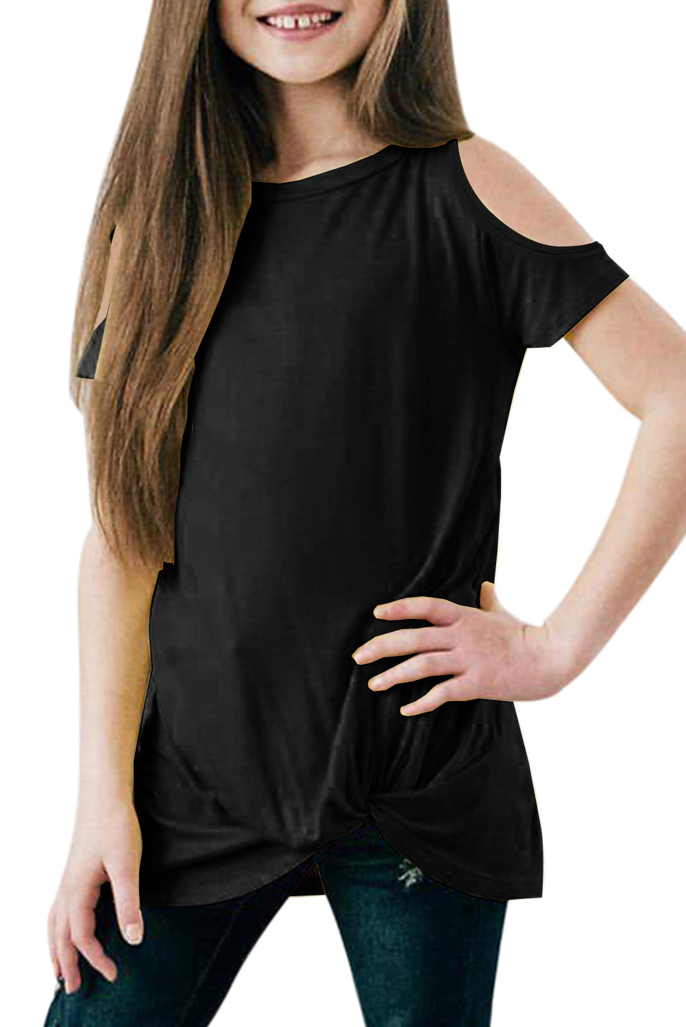 Black Cold Shoulder Twist Girls Short Sleeves Top