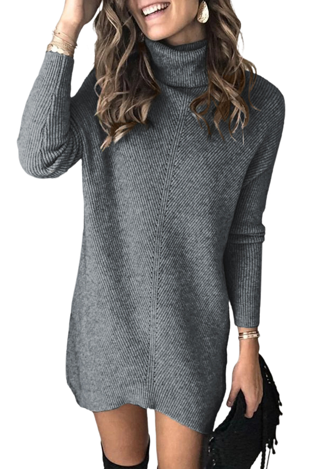 Brown Turtleneck Long Sleeve Knitted Sweater Dress