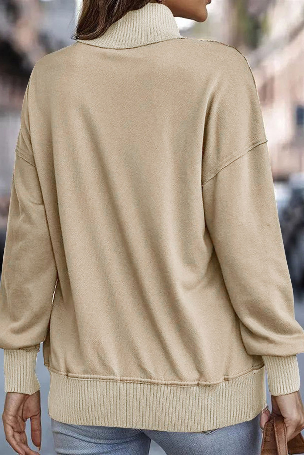 Gray Ribbed Hem Snap Button Neckline Sweatshirt with Pocket