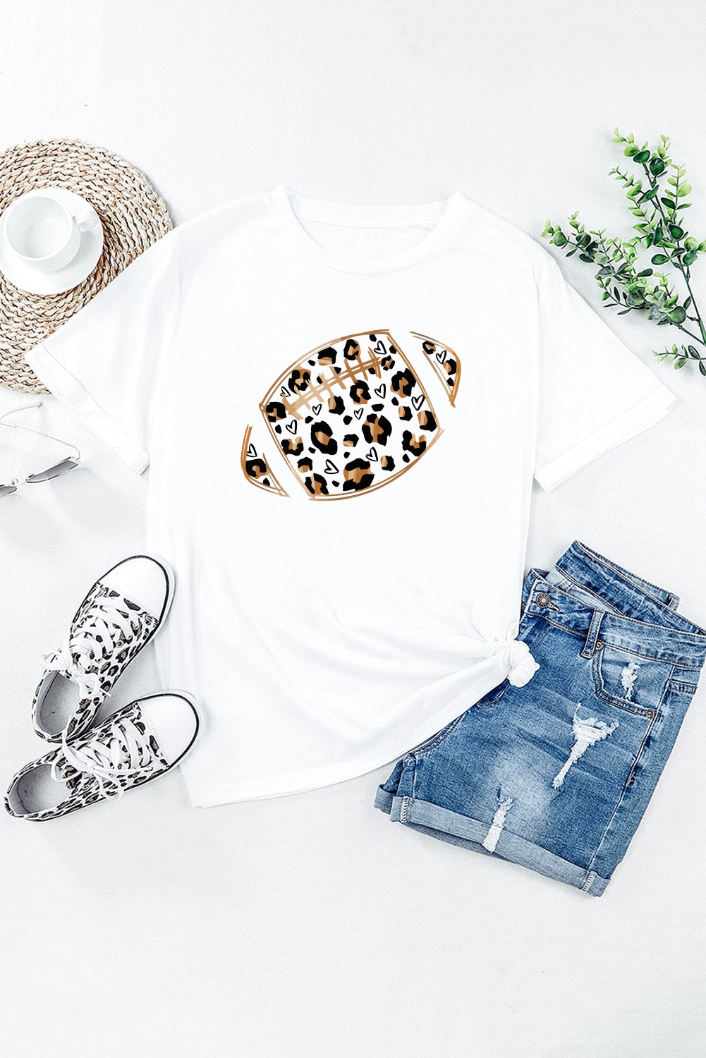 Leopard Heart Shape Rugby Print Short Sleeve T Shirt