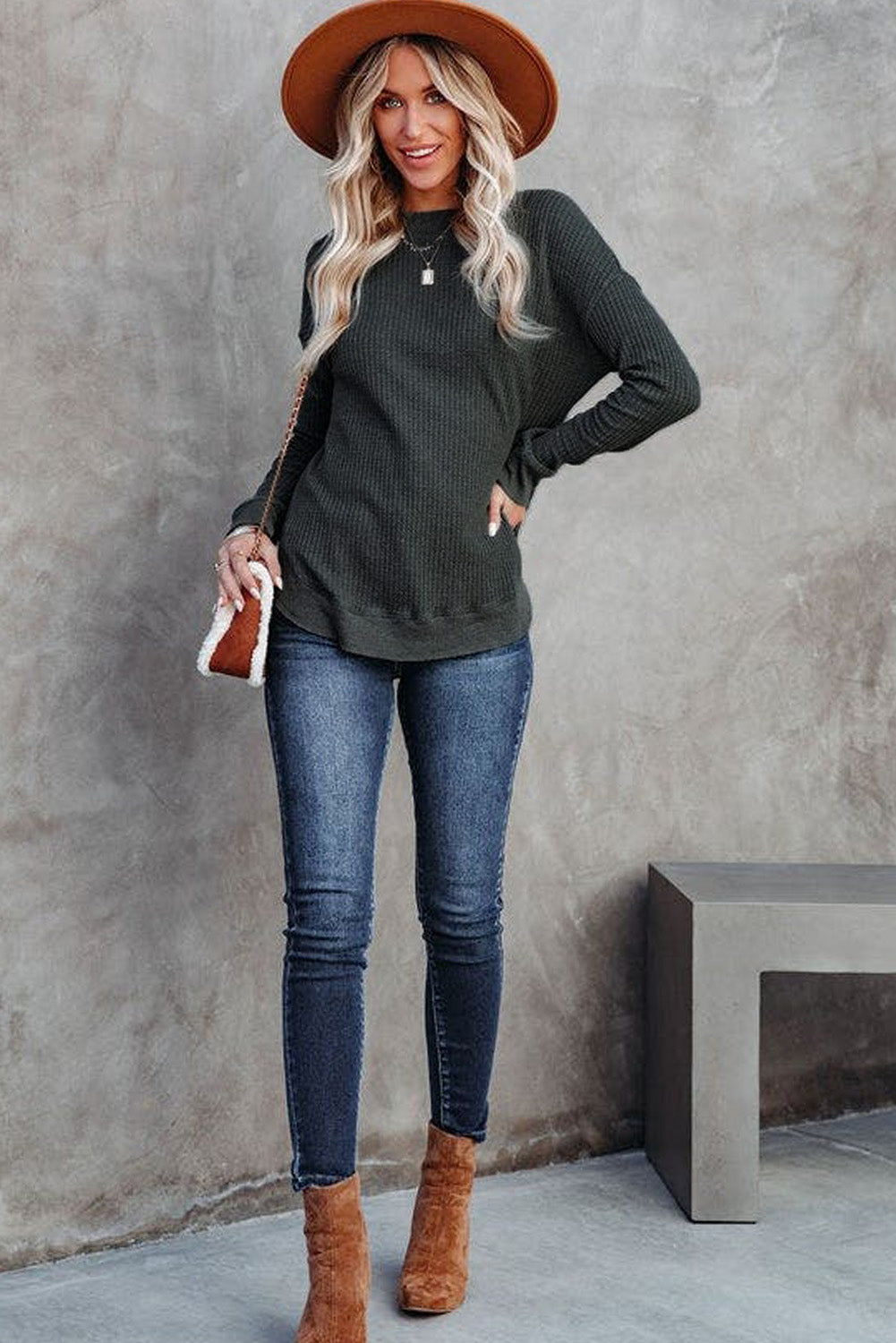 Apricot Crew Neck Ribbed Trim Waffle Knit Top