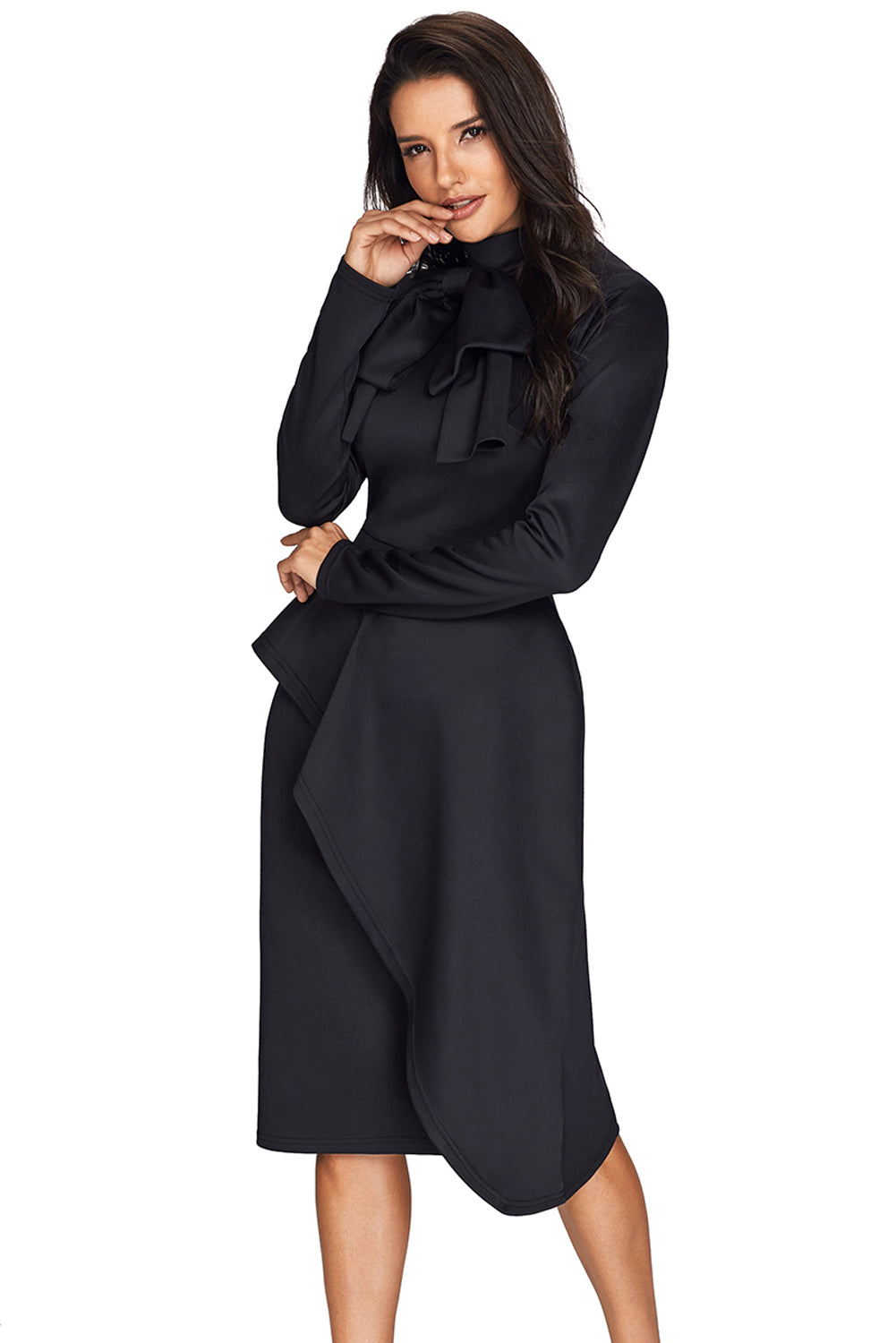 Black Asymmetric Peplum Style Pussy Bow Dress