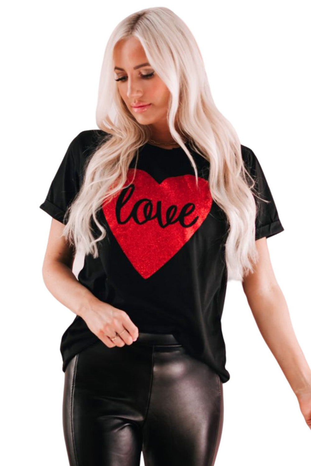 Love Heart Shaped Glitter Print Short Sleeve T Shirt