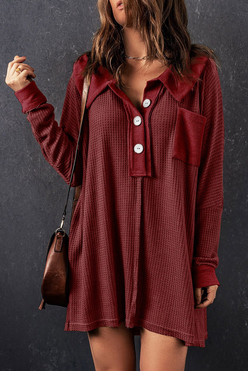 Black Waffle Knit Buttoned Long Sleeve Top