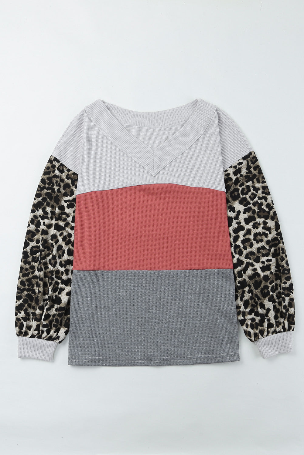 Apricot Wild Leopard Contrast Sleeve Colorblock Waffle Knit Top