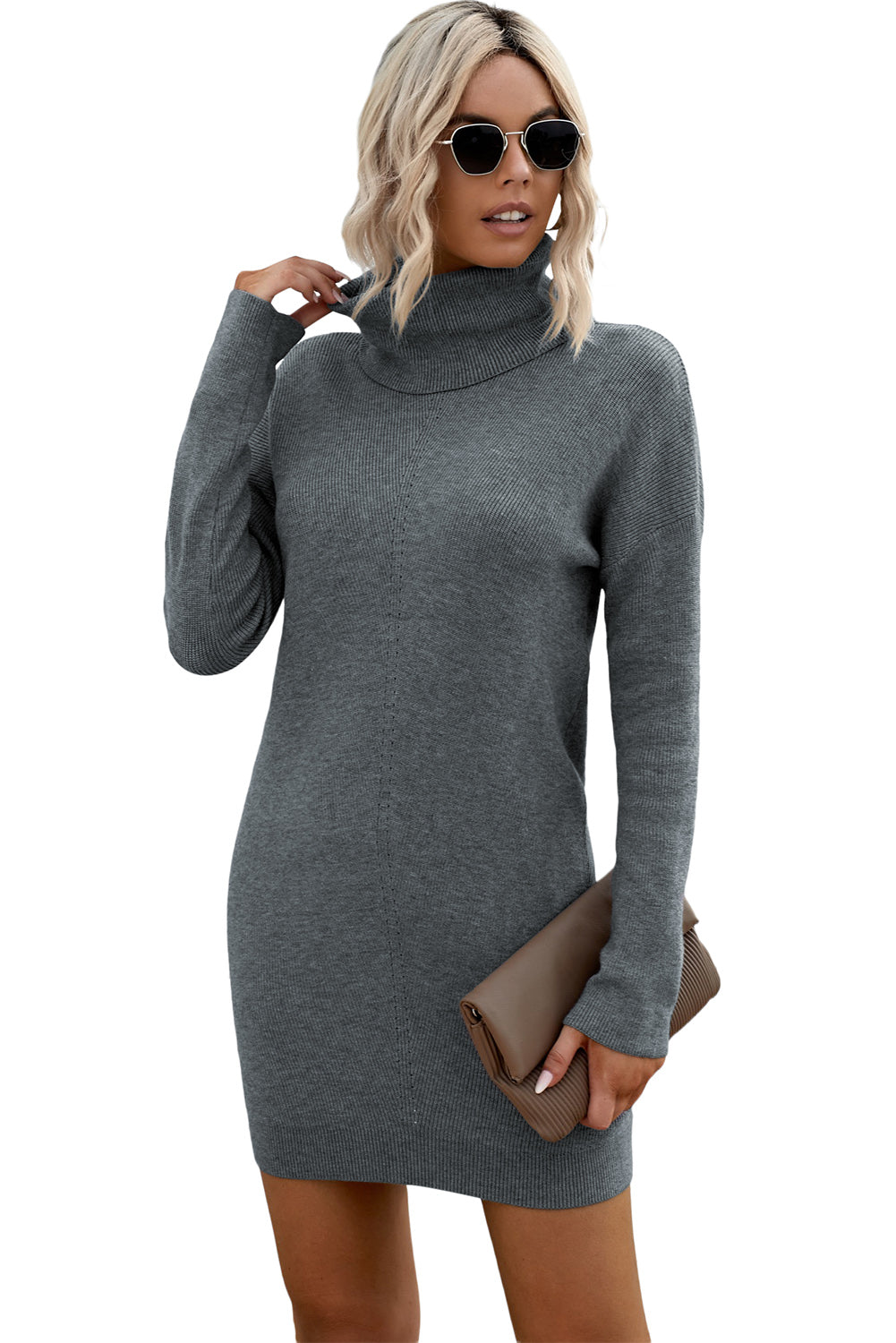 Brown Turtleneck Long Sleeve Knitted Sweater Dress