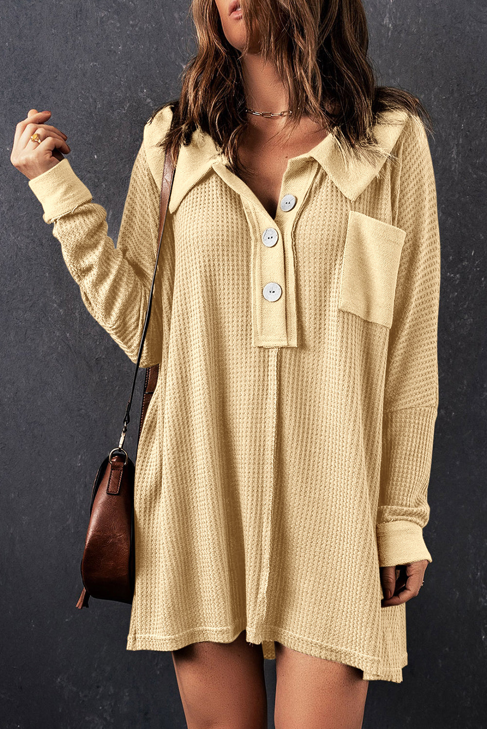 Black Waffle Knit Buttoned Long Sleeve Top