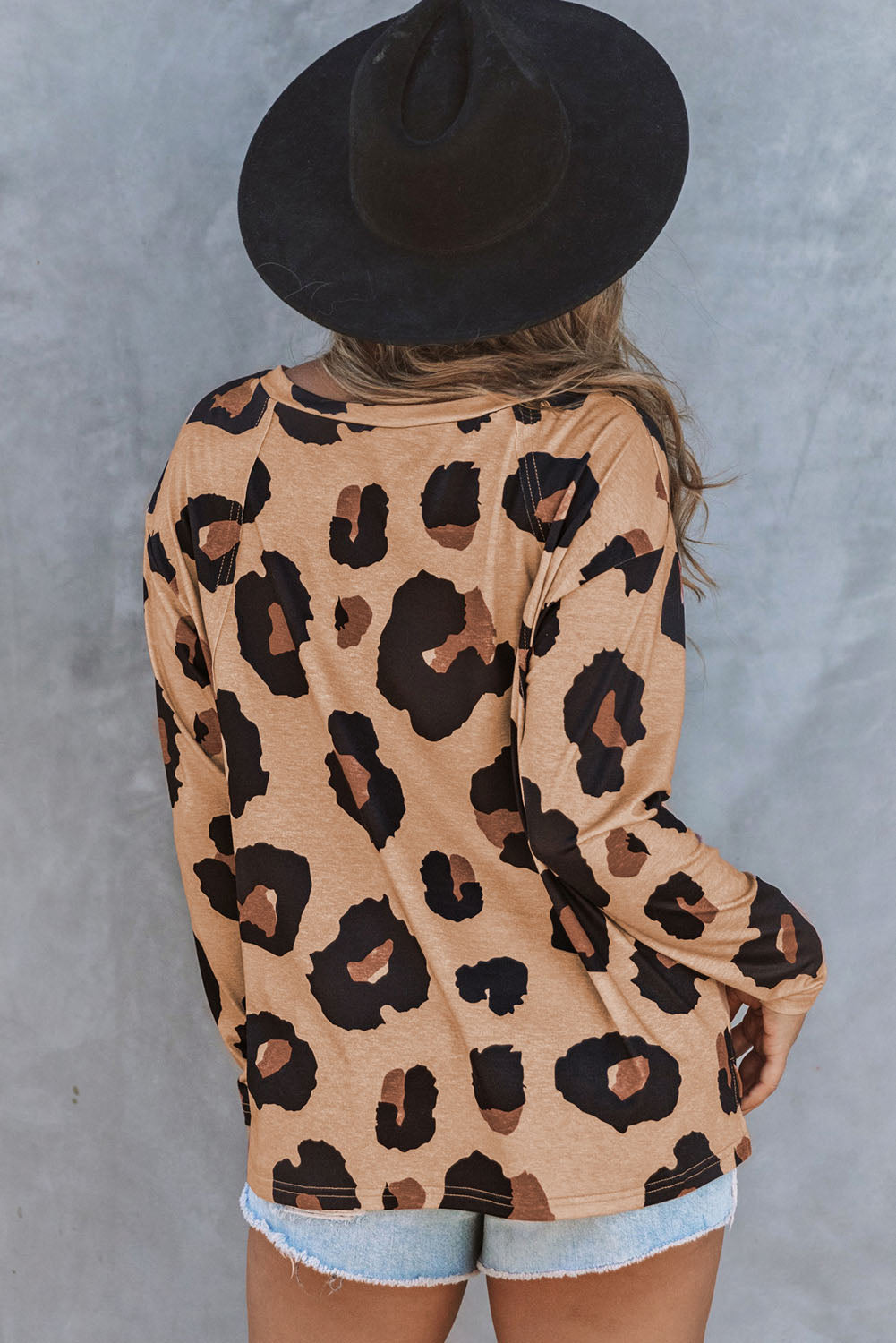 Gray Leopard Print Long Sleeve Loose Top