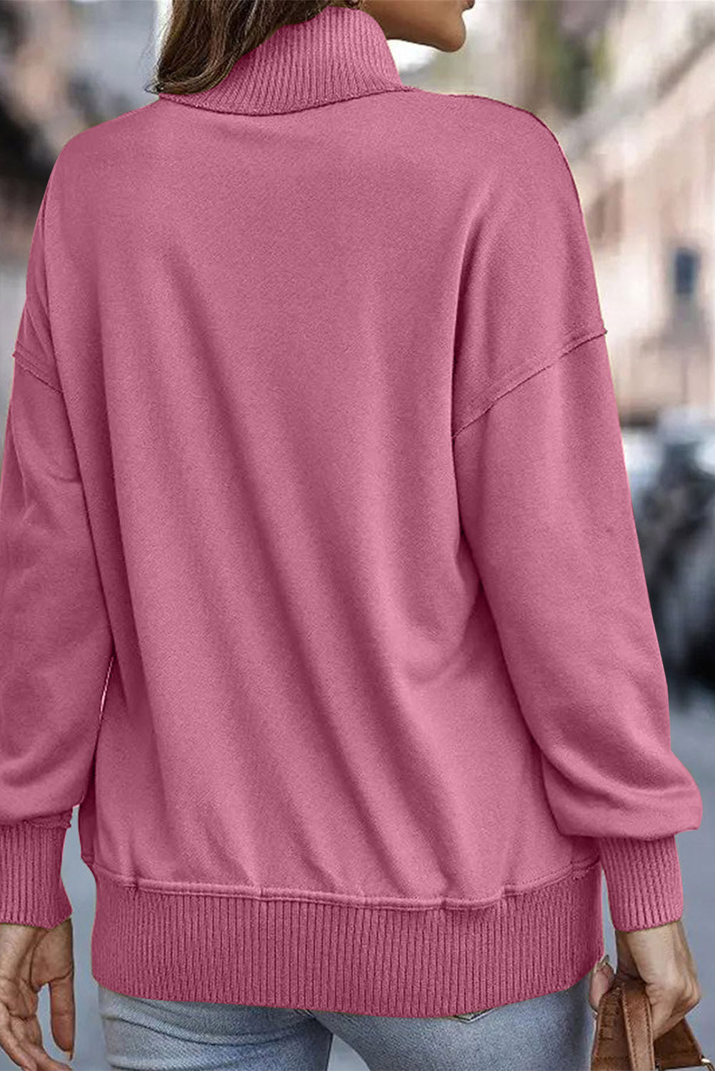 Gray Ribbed Hem Snap Button Neckline Sweatshirt with Pocket