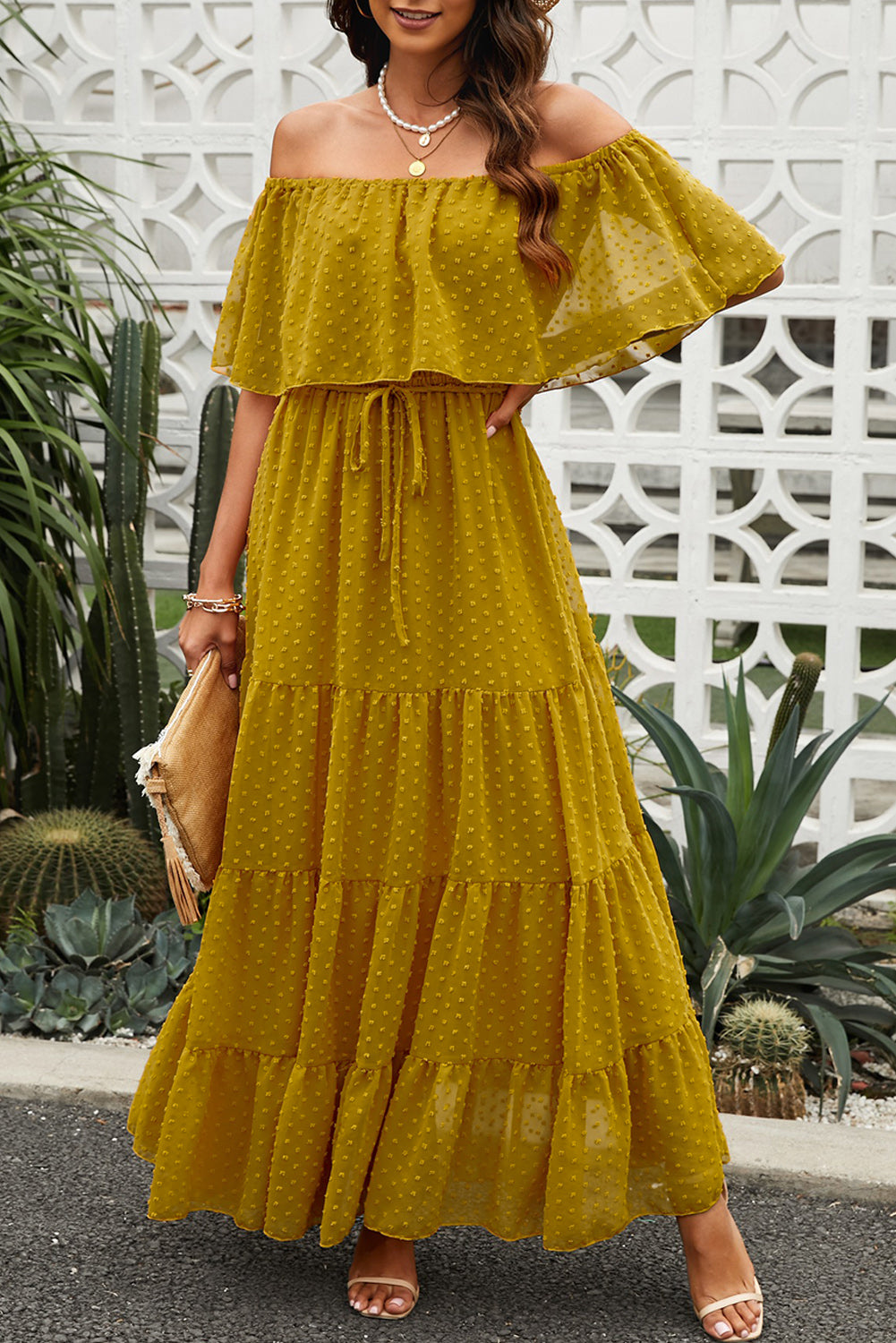 Sky Blue Yellow Yellow Off Shoulder Ruffle Swiss Dot Maxi Dress