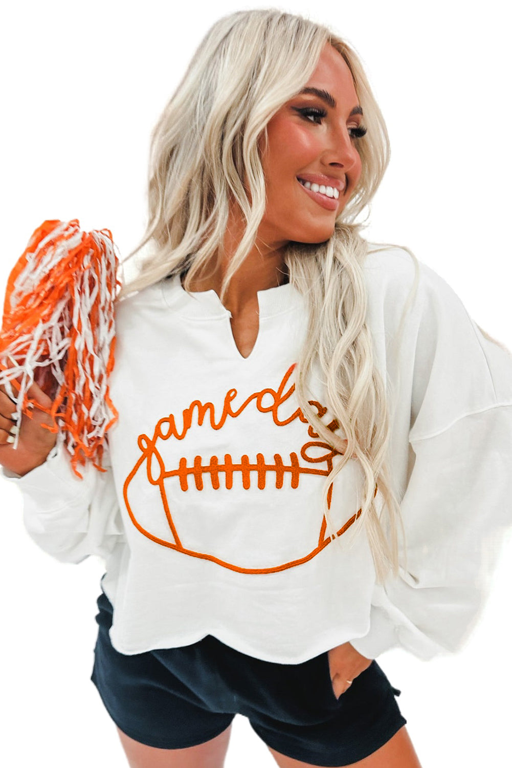 Orange Game Day Lettering Rugby Notched Neck Sweatshirt