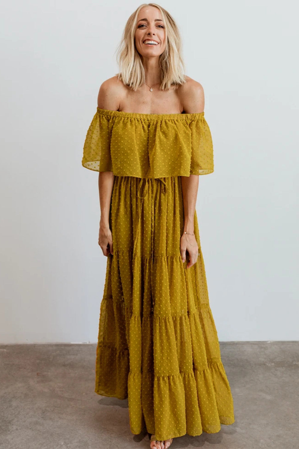 Sky Blue Yellow Yellow Off Shoulder Ruffle Swiss Dot Maxi Dress