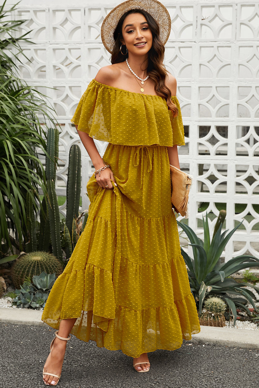 Sky Blue Yellow Yellow Off Shoulder Ruffle Swiss Dot Maxi Dress