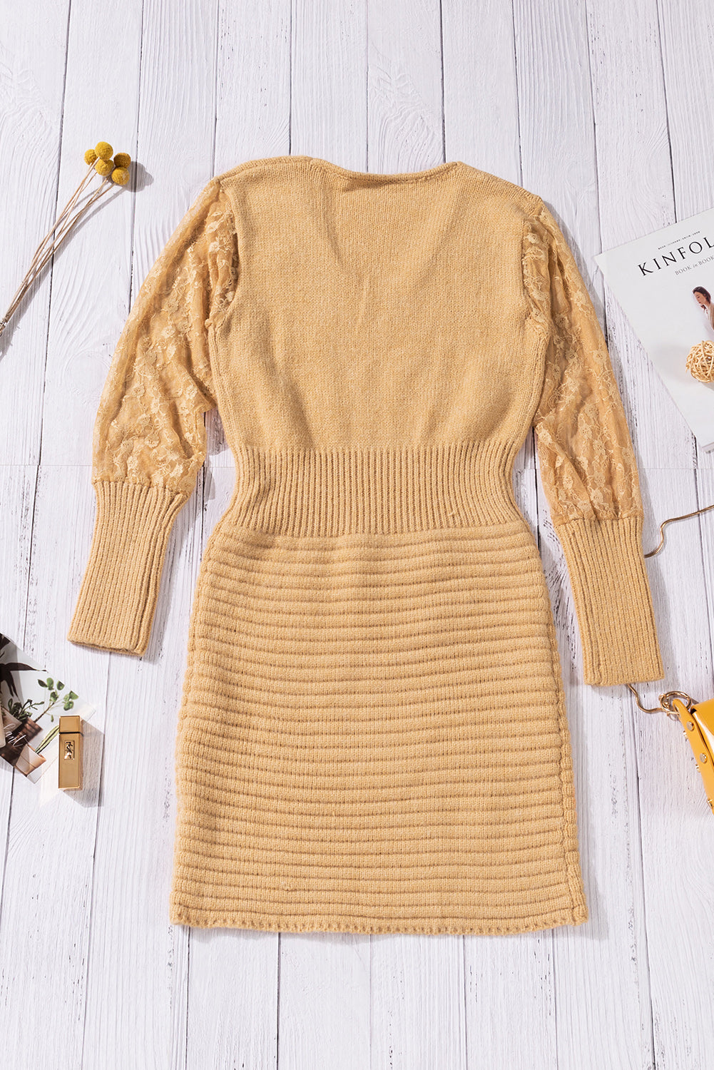 Black Lace Sleeve Patchwork Sweater Dress