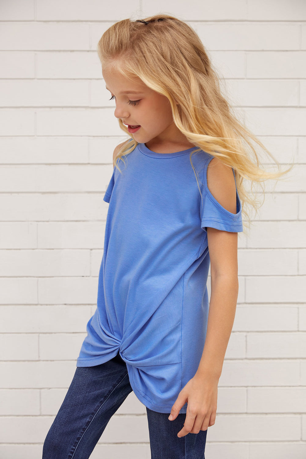 Black Cold Shoulder Twist Girls Short Sleeves Top