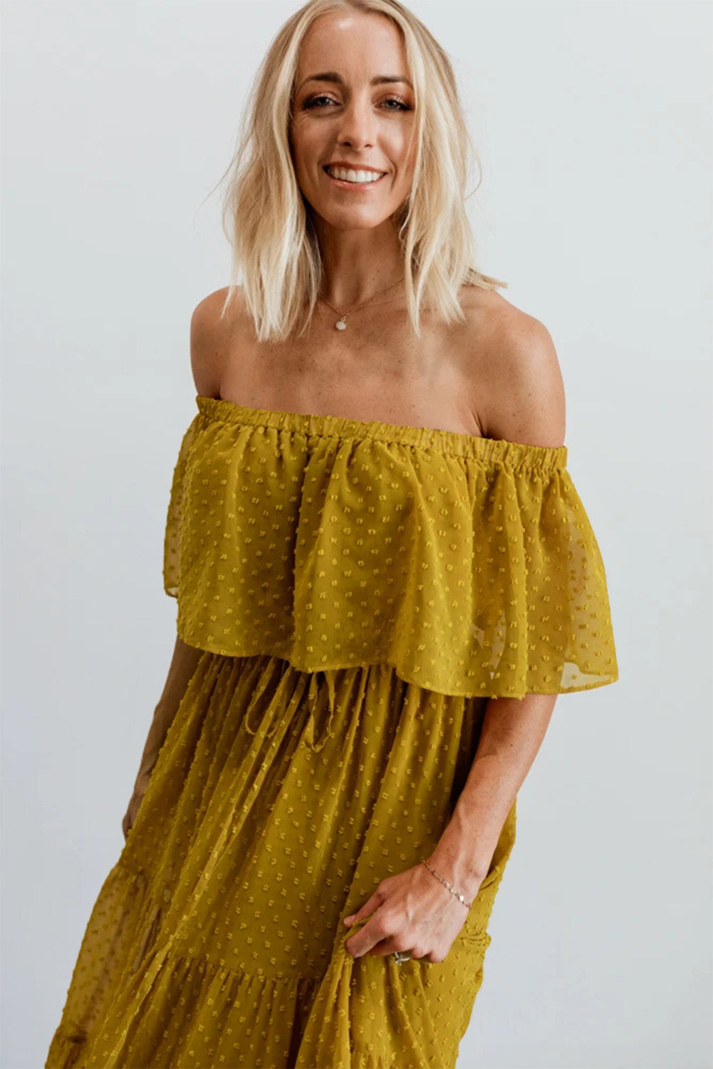 Sky Blue Yellow Yellow Off Shoulder Ruffle Swiss Dot Maxi Dress