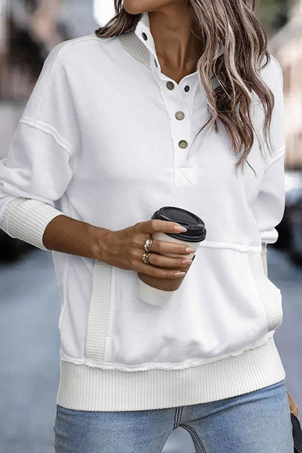 Gray Ribbed Hem Snap Button Neckline Sweatshirt with Pocket