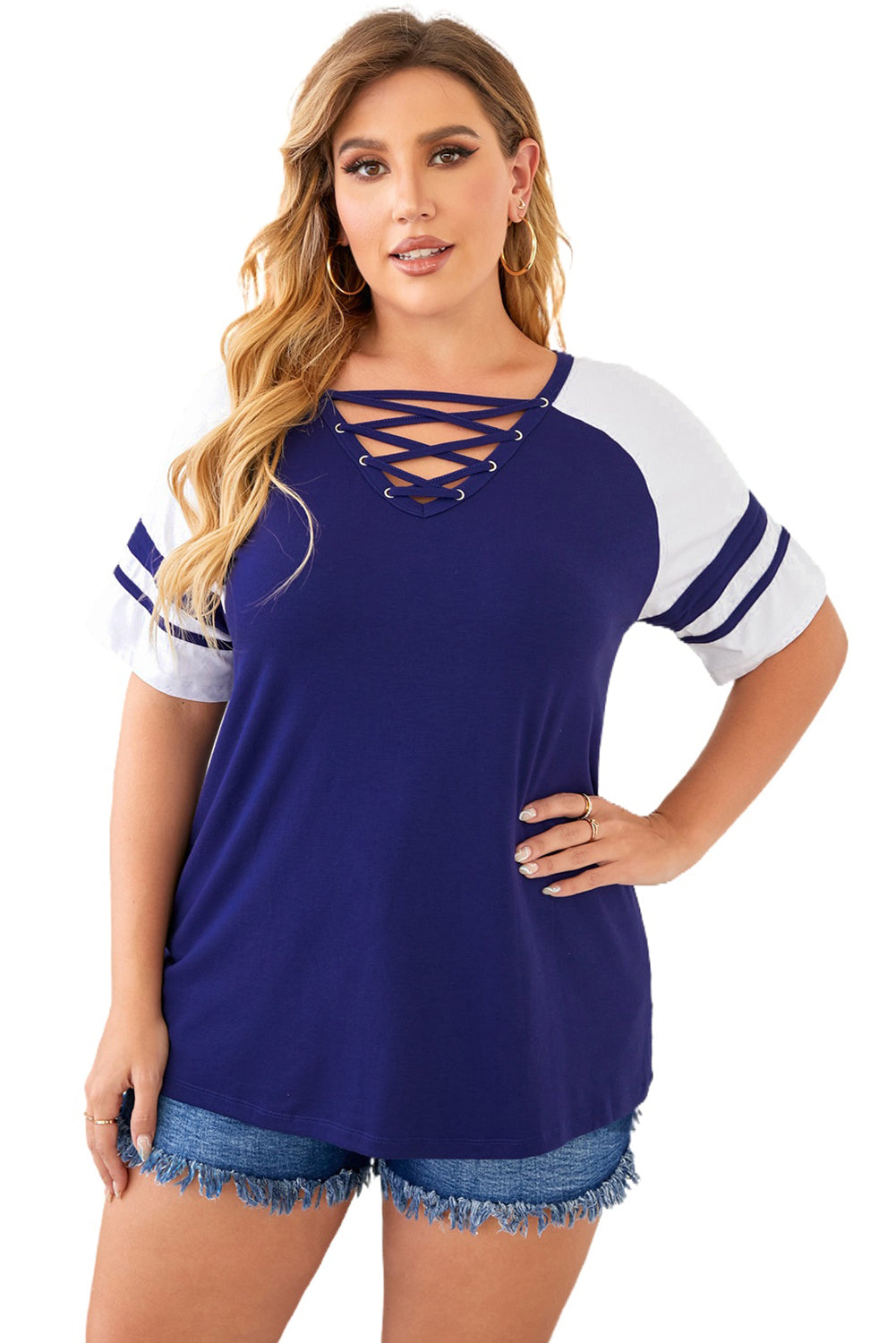 Blue Crisscross V Neck Raglan Sleeve Plus Size Tee