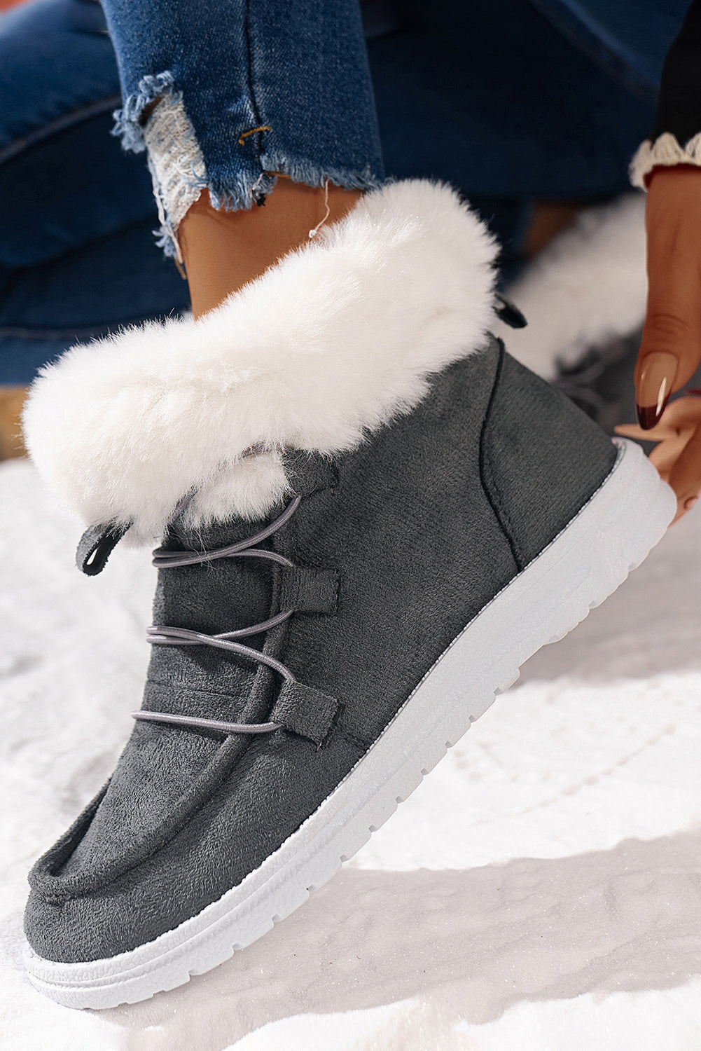 Black Suede Square Toe Plush Lined Drawstring Ankle Boots