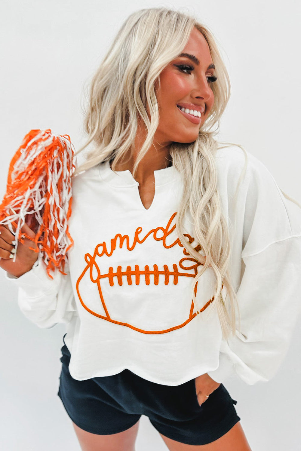 Orange Game Day Lettering Rugby Notched Neck Sweatshirt