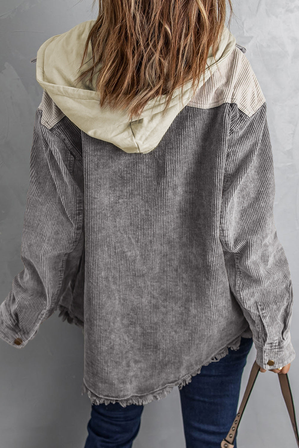 Color Block Button Down Hooded Corduroy Jacket