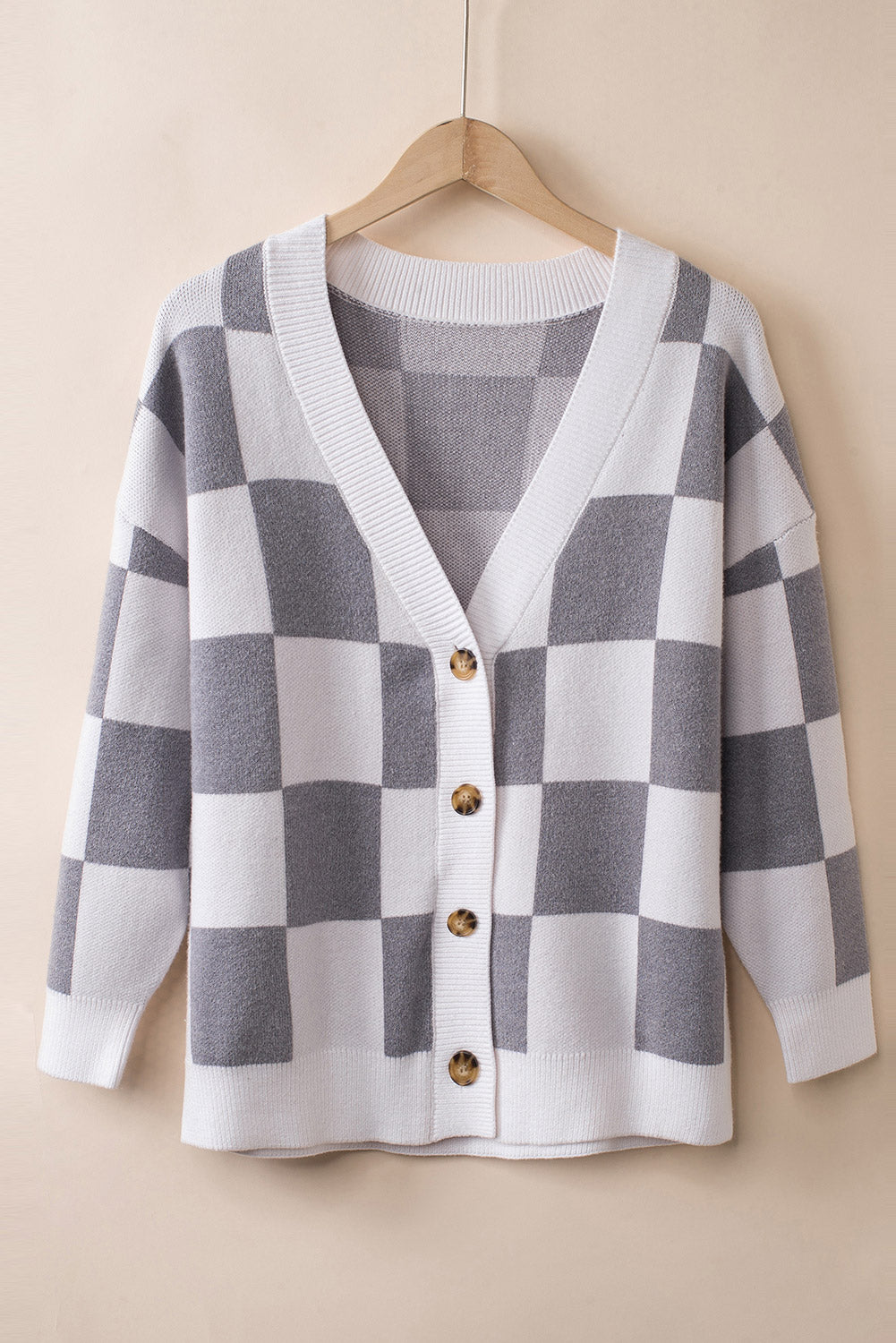 Brown Contrast Checkered Print Button Up Sweater Cardigan