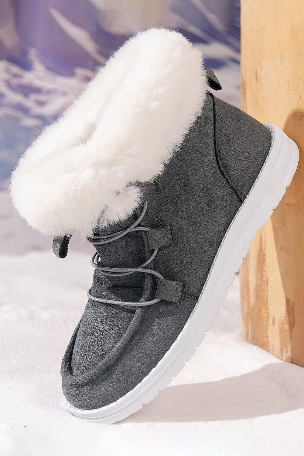 Black Suede Square Toe Plush Lined Drawstring Ankle Boots