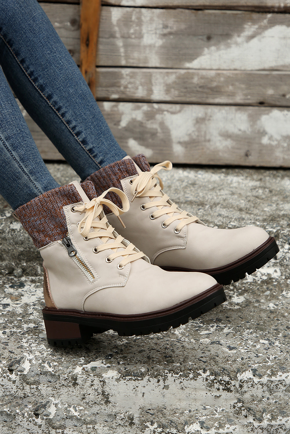 Black Knitted Patched Lace-up Heeled Ankle Boots