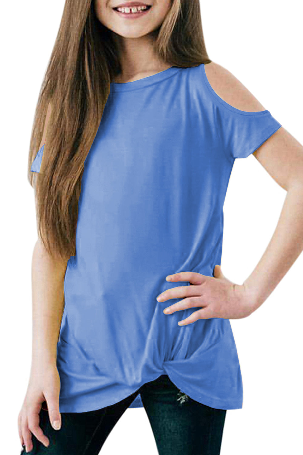 Black Cold Shoulder Twist Girls Short Sleeves Top