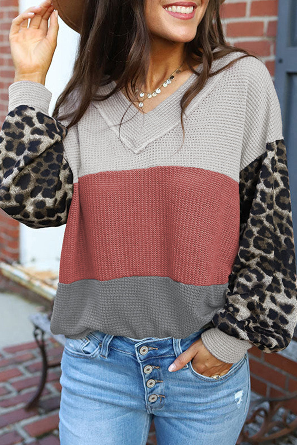 Apricot Wild Leopard Contrast Sleeve Colorblock Waffle Knit Top