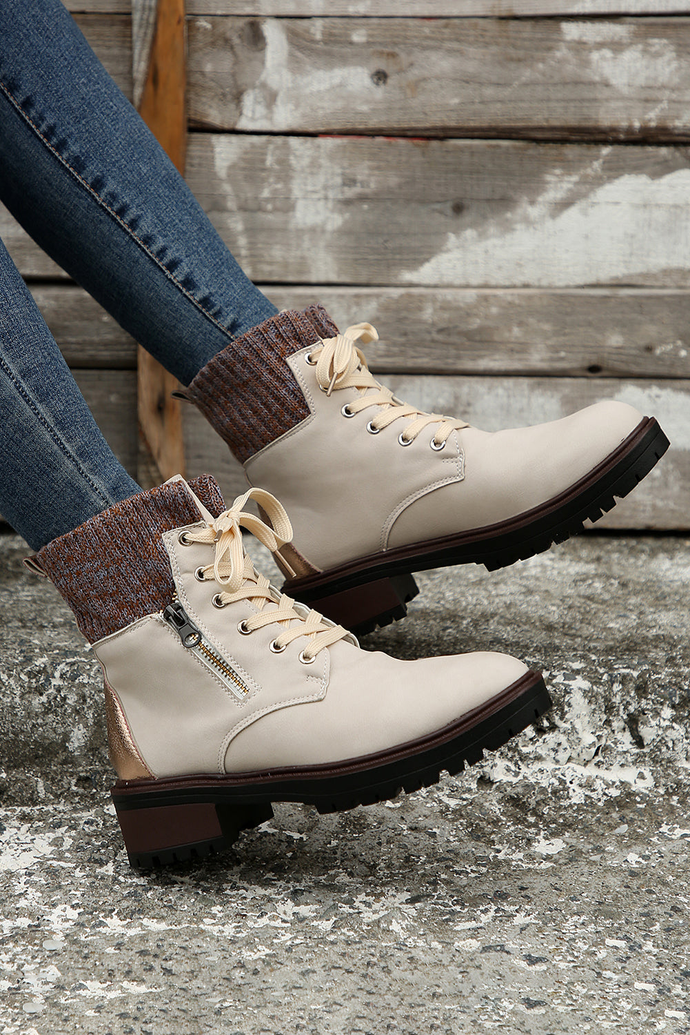 Black Knitted Patched Lace-up Heeled Ankle Boots