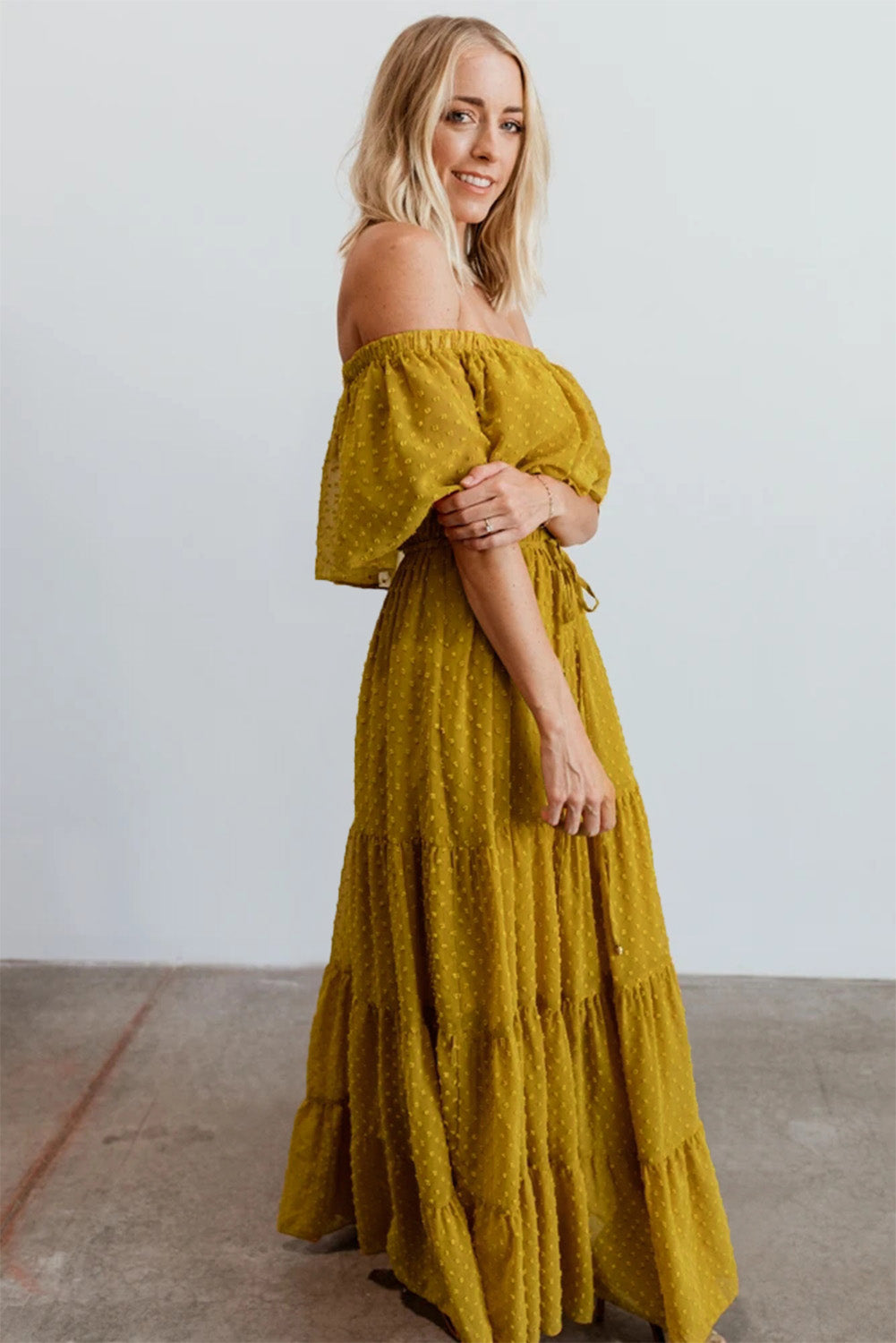 Sky Blue Yellow Yellow Off Shoulder Ruffle Swiss Dot Maxi Dress