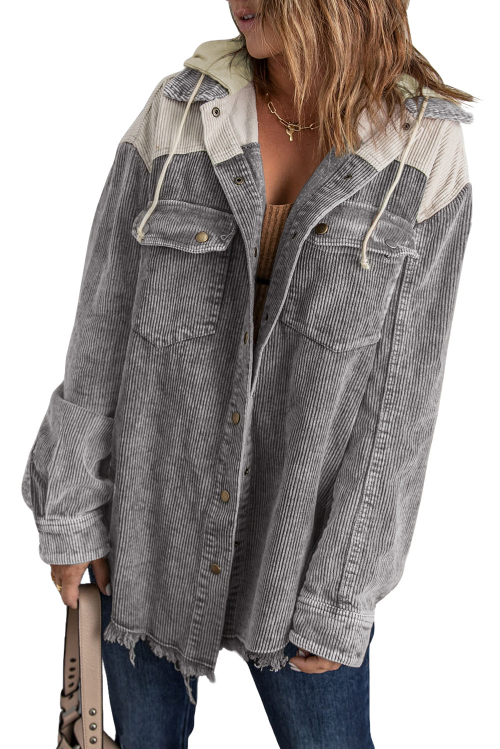 Color Block Button Down Hooded Corduroy Jacket